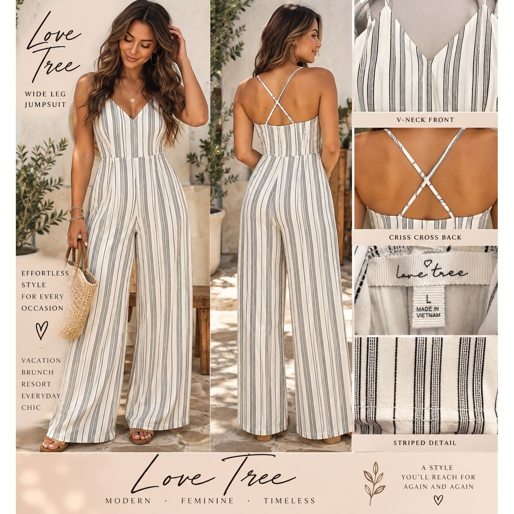 Love Tree Womens Wide Leg Jumpsuit White Black Striped Criss Cross Back Large